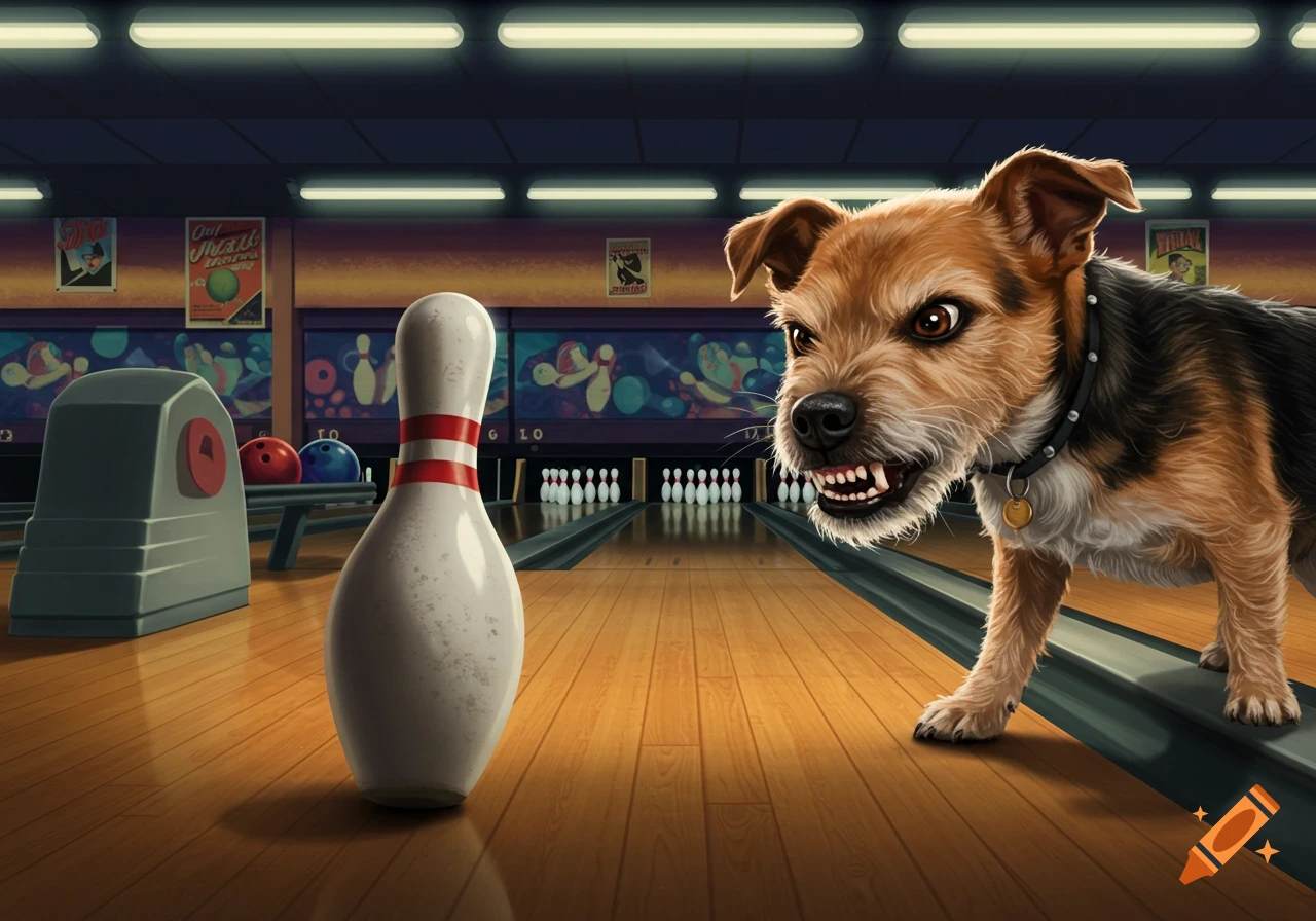 An angry brown and black dog snarls at a bowling pin on a lane in a cartoon bowling alley.