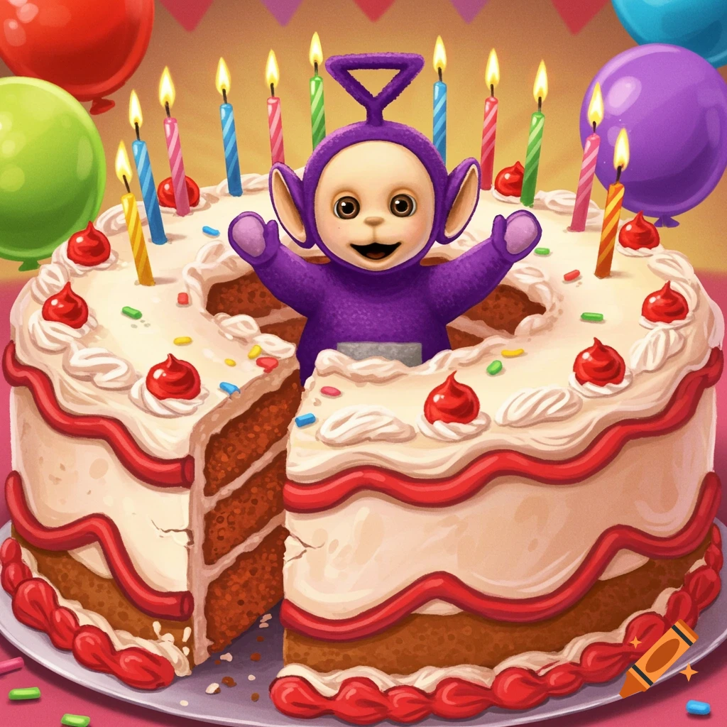A purple Teletubby emerges from a decorated birthday cake surrounded by candles and balloons.