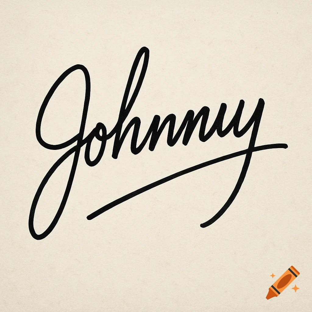 A black script signature of the name 'Johnny' on a beige background.