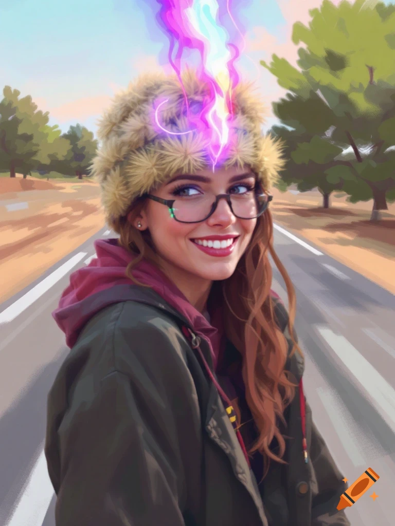 A woman wearing a fur hat and glasses smiles while colorful, glowing energy emanates from her head on a road.