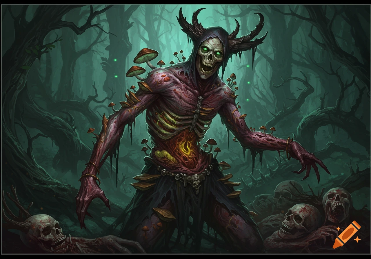 A horned skeletal lich with glowing green eyes and mushrooms growing on its body stands in a dark, eerie forest among skulls, dark fantasy art.