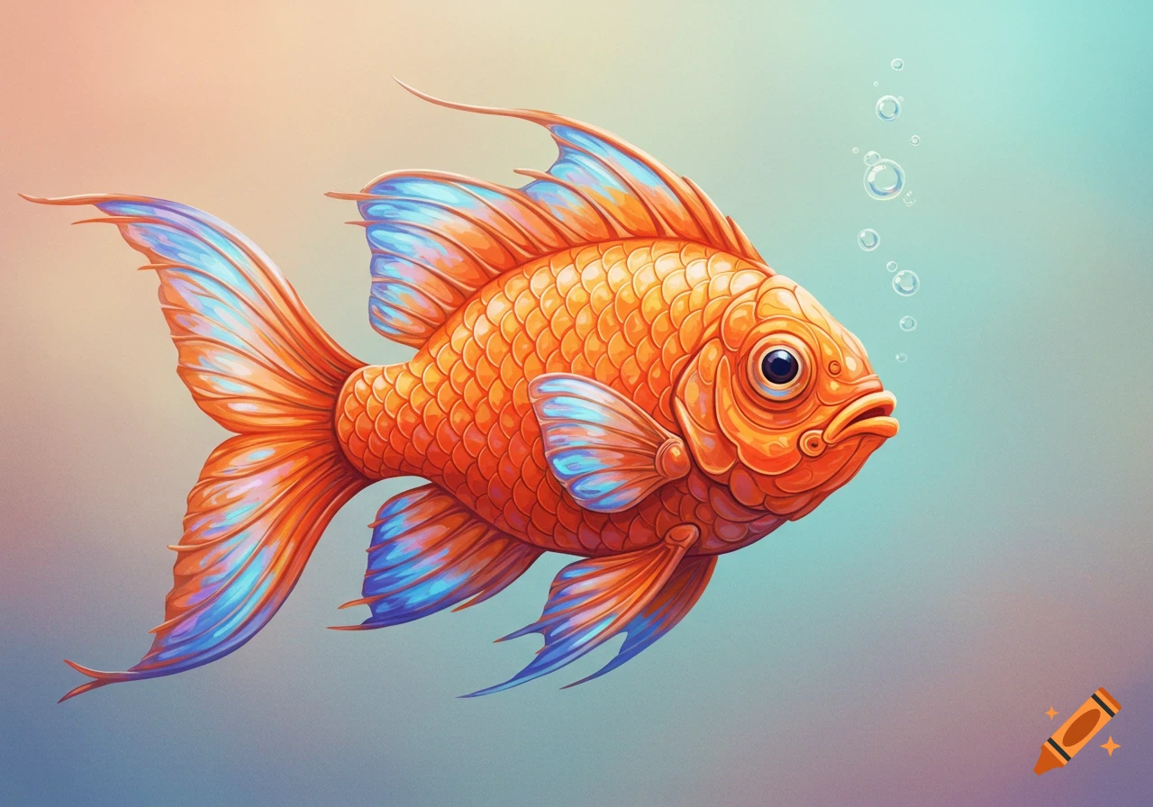A stylized orange goldfish with prominent blue fins and tail, swimming in a light blue and peach gradient background with bubbles.