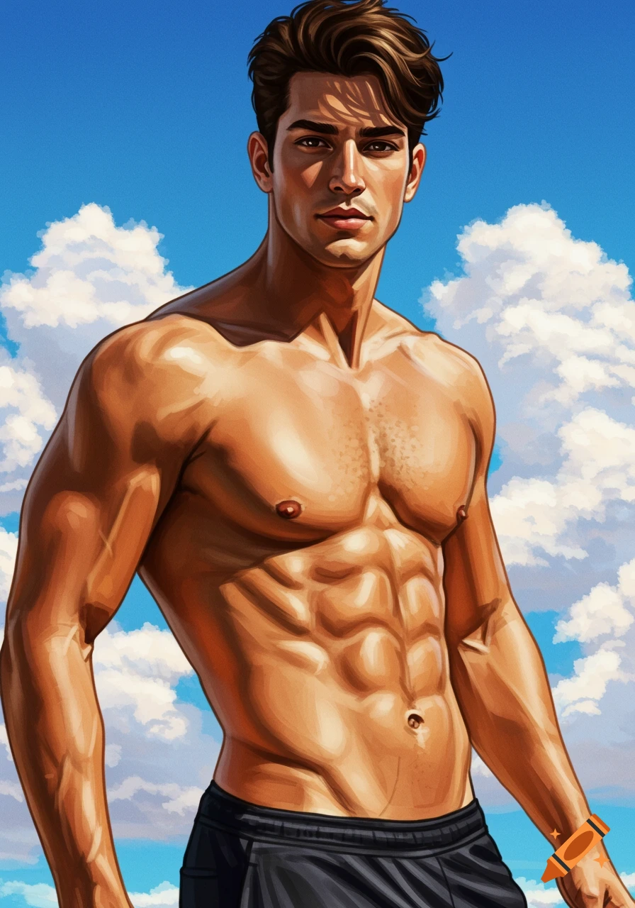 Illustrative portrait of a muscular, tanned man with abs, wearing black shorts, against a blue sky with clouds.