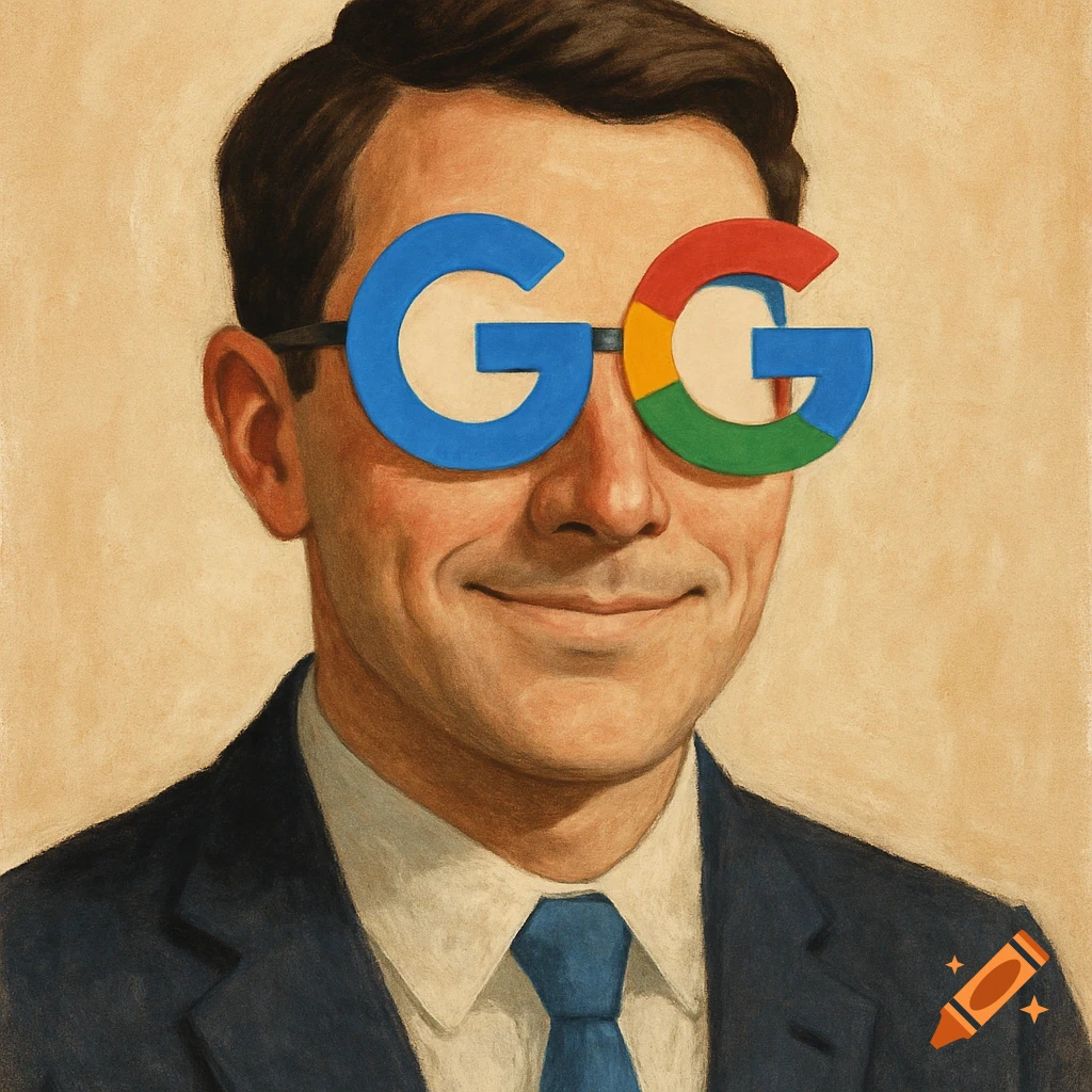A smiling man in a suit with glasses shaped like the Google 'G' logo, in a painted style.