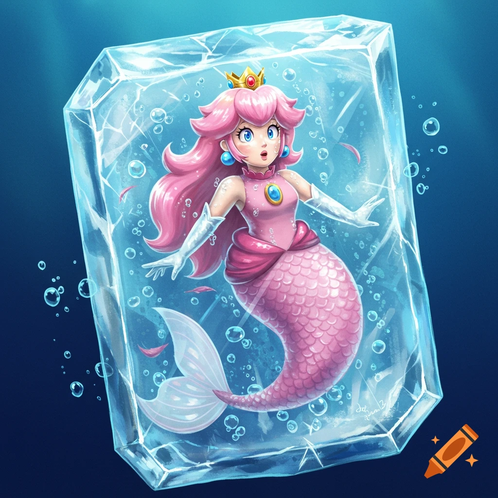 Princess Peach as a pink-tailed mermaid, trapped inside a large, transparent block of ice with bubbles.