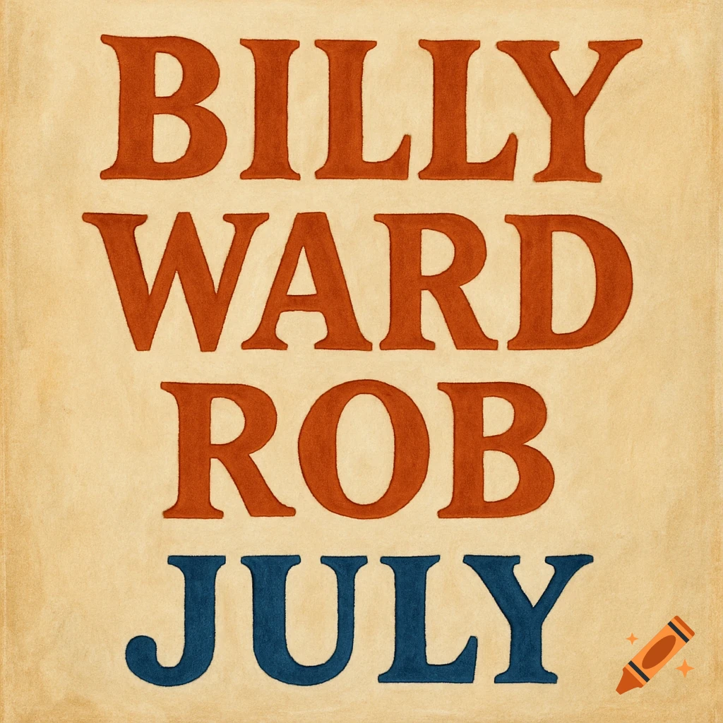 A vintage-style sign featuring the text "BILLY WARD ROB" in large red-orange letters, with "JULY" in blue letters below, all on a beige background.