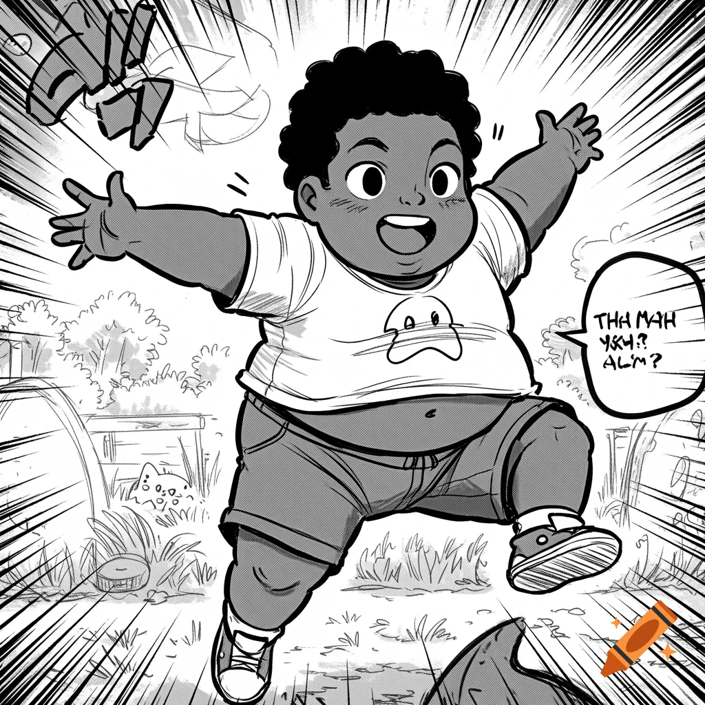 A black and white manga sketch of a cheerful, chubby Black boy with curly hair jumping outdoors, arms outstretched and a wide smile.