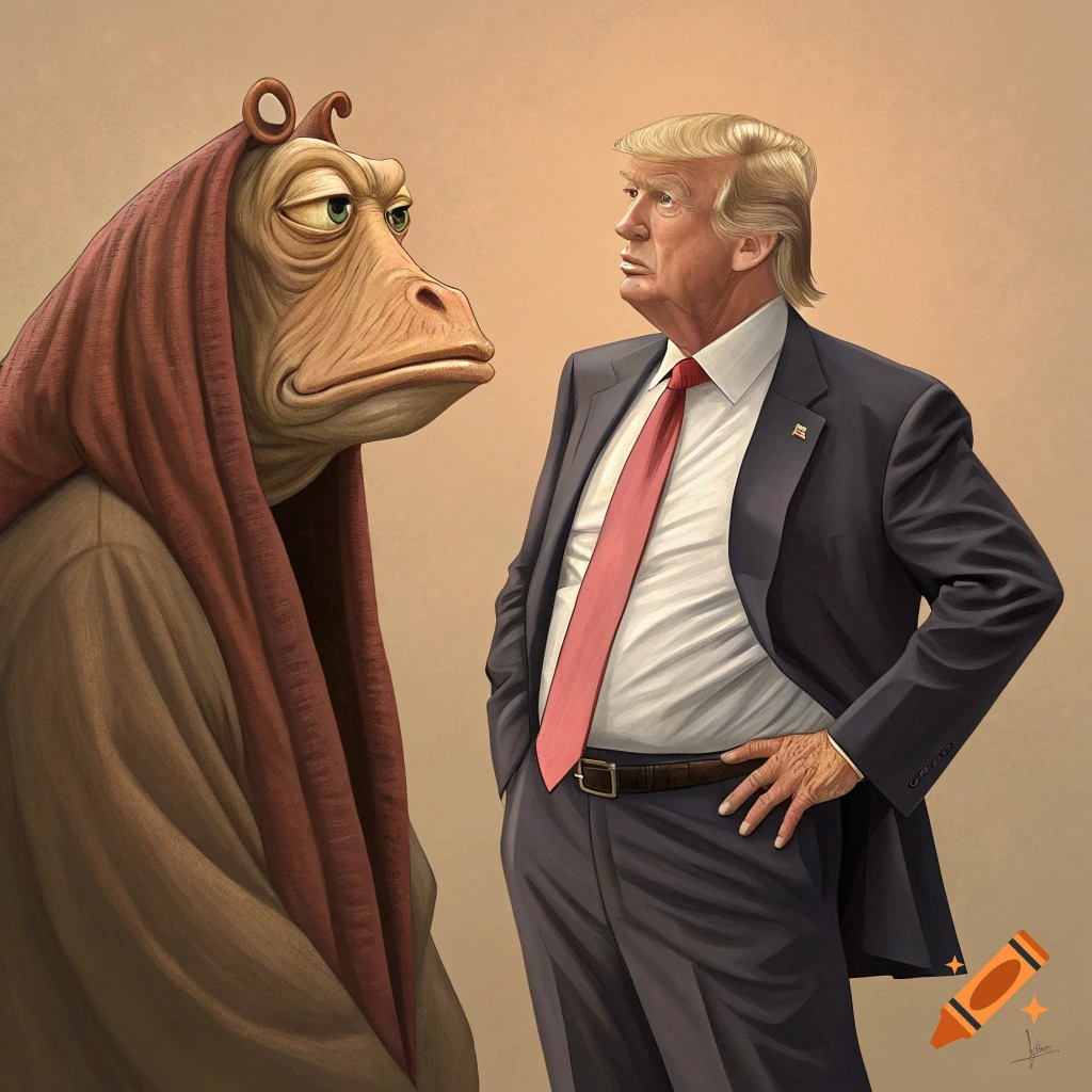 An illustration of Donald Trump in a suit standing next to Jar Jar Binks in robes, both looking ahead.