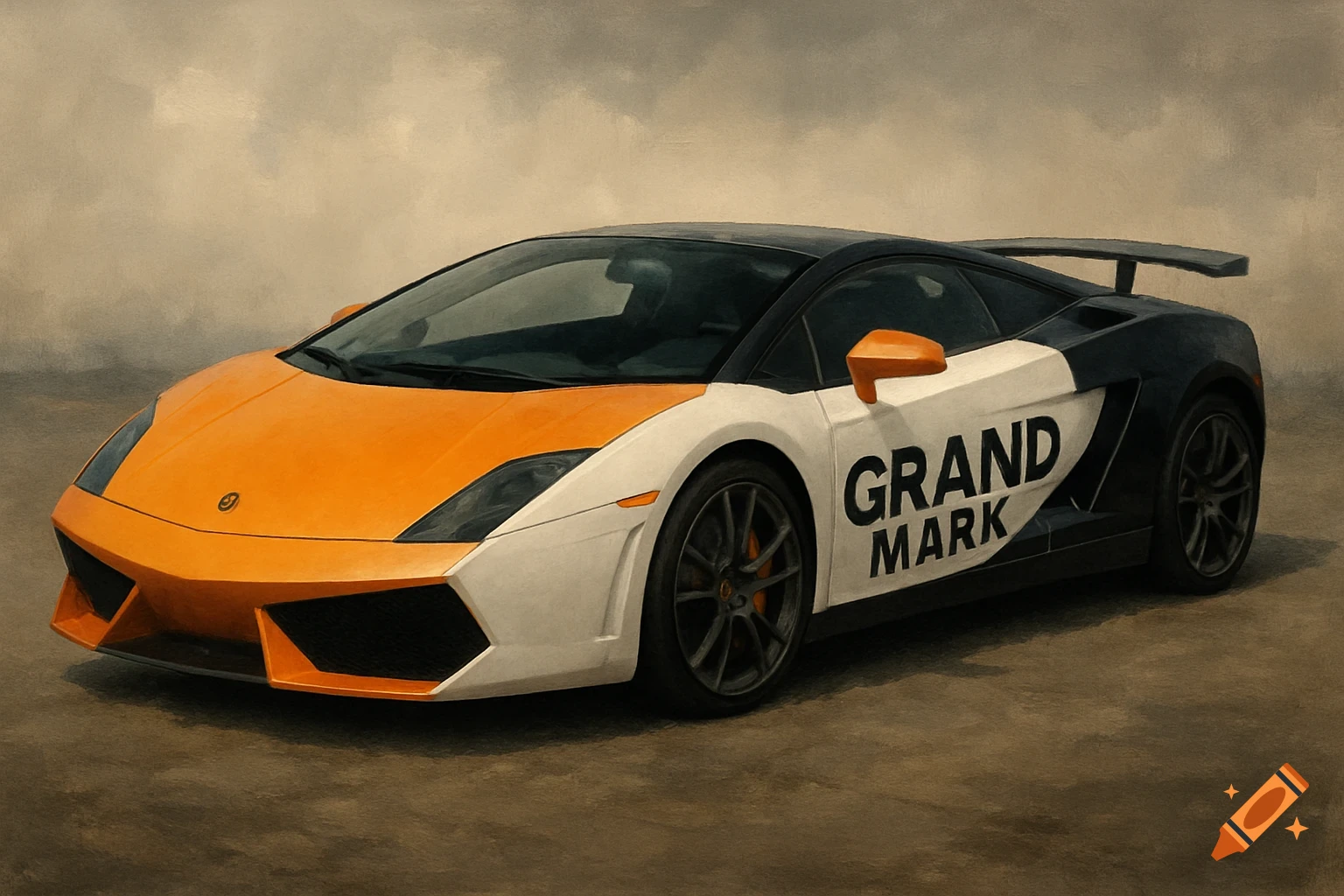 A two-tone orange, white, and black Lamborghini Gallardo with 'GRAND MARK' written on its side, against a plain background.