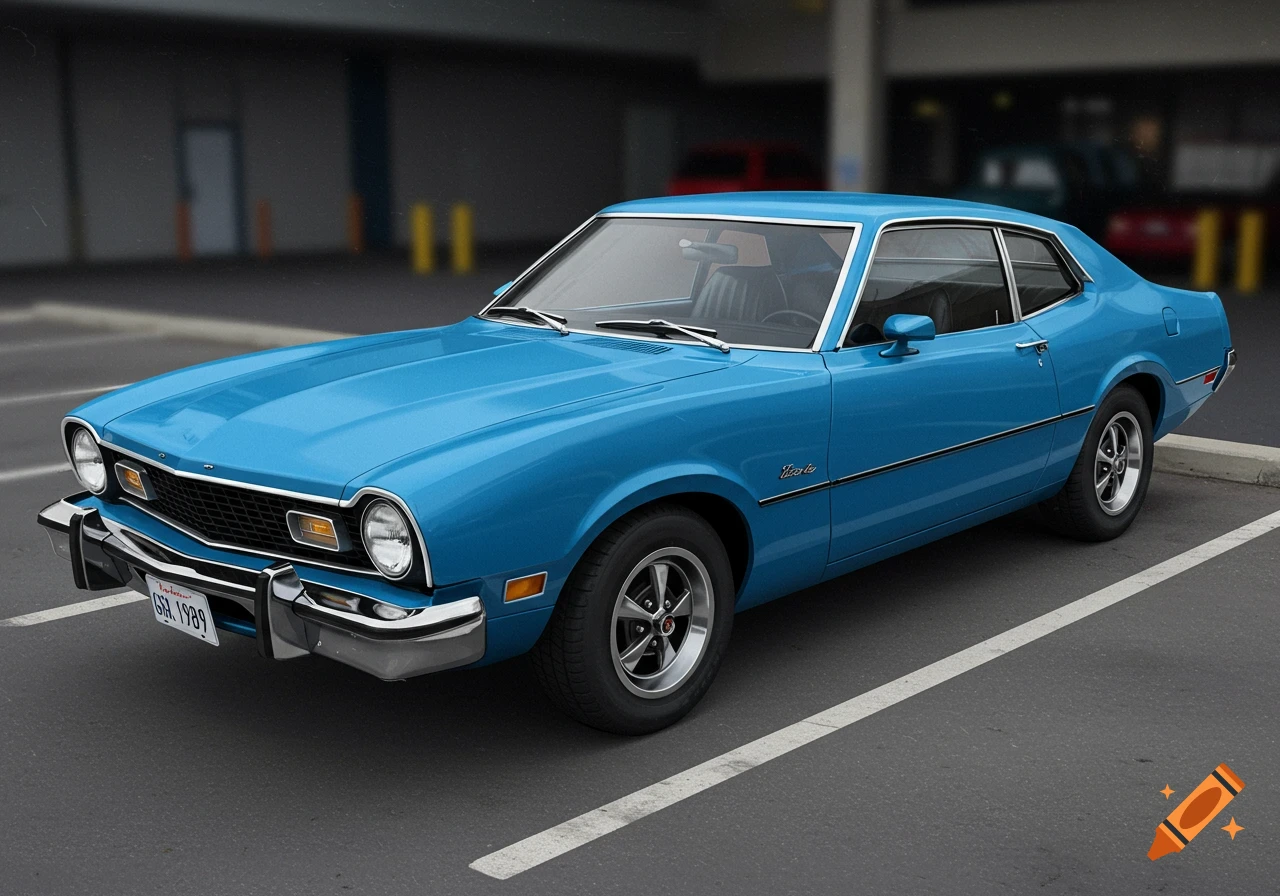 A photorealistic image of a light blue 1974 Ford Maverick 2-door coupe parked in an asphalt parking lot.