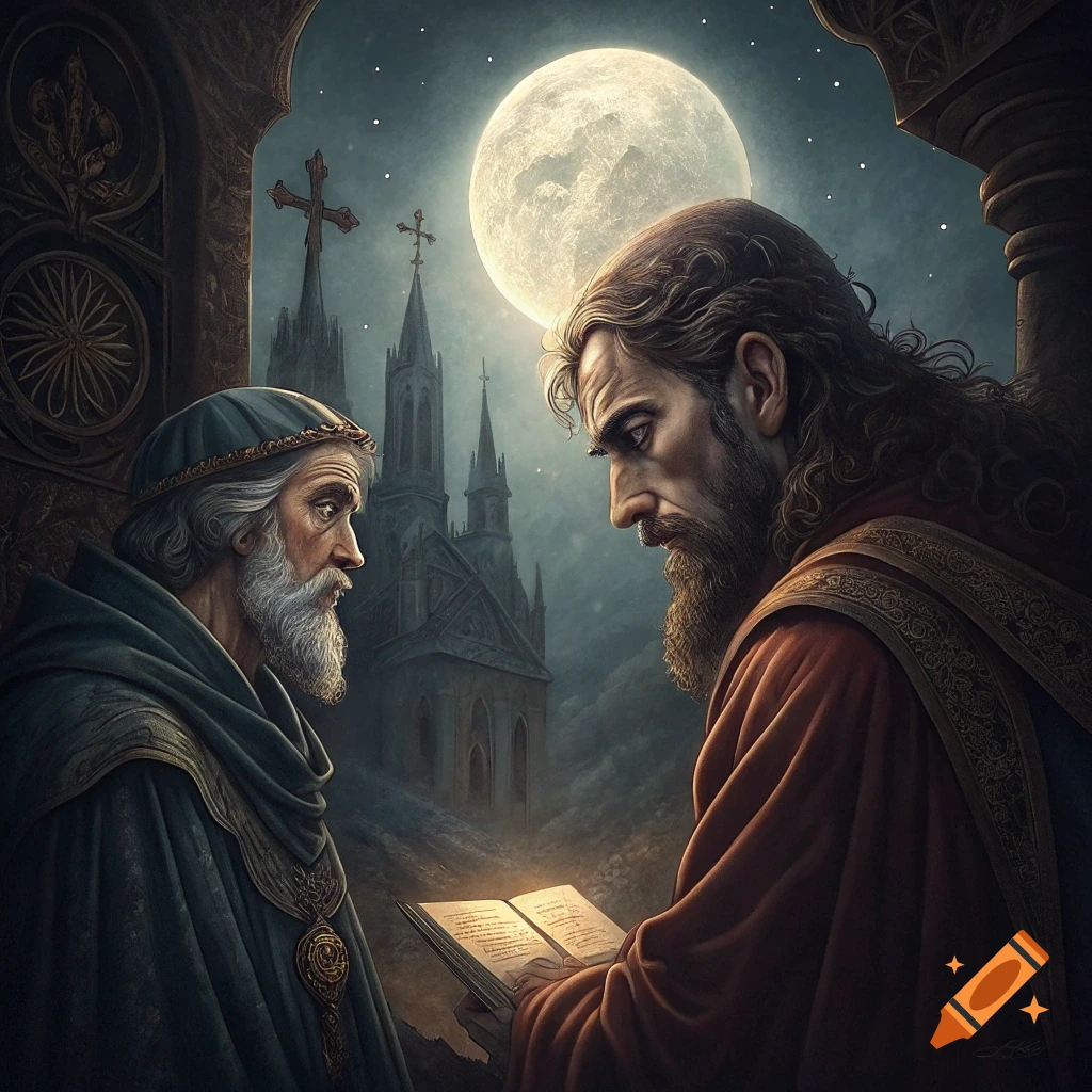 Two bearded men in robes, one reading a glowing book, stand before a gothic church under a large full moon and starry sky in a dramatic, dark art style.