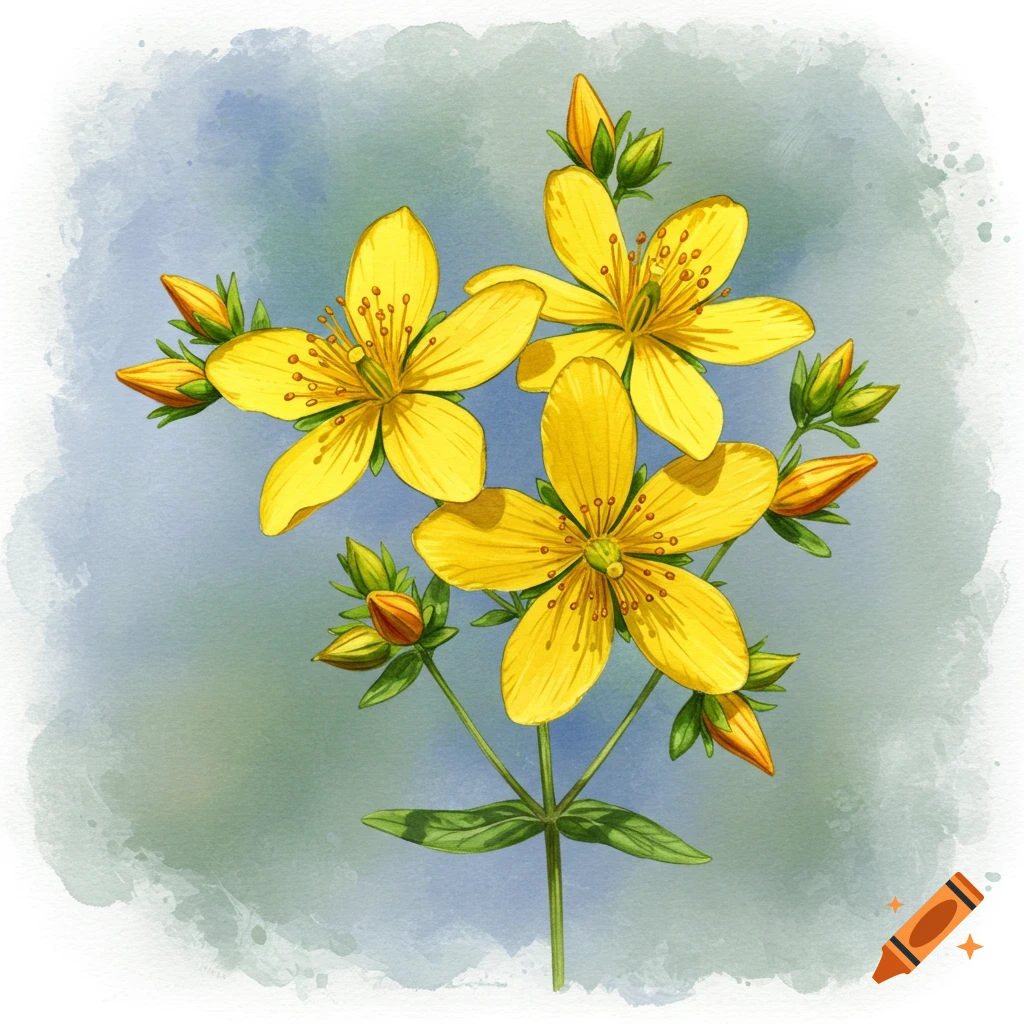 A watercolor illustration of several yellow St. John's Wort flowers with buds and green stems against a soft blue and green background.