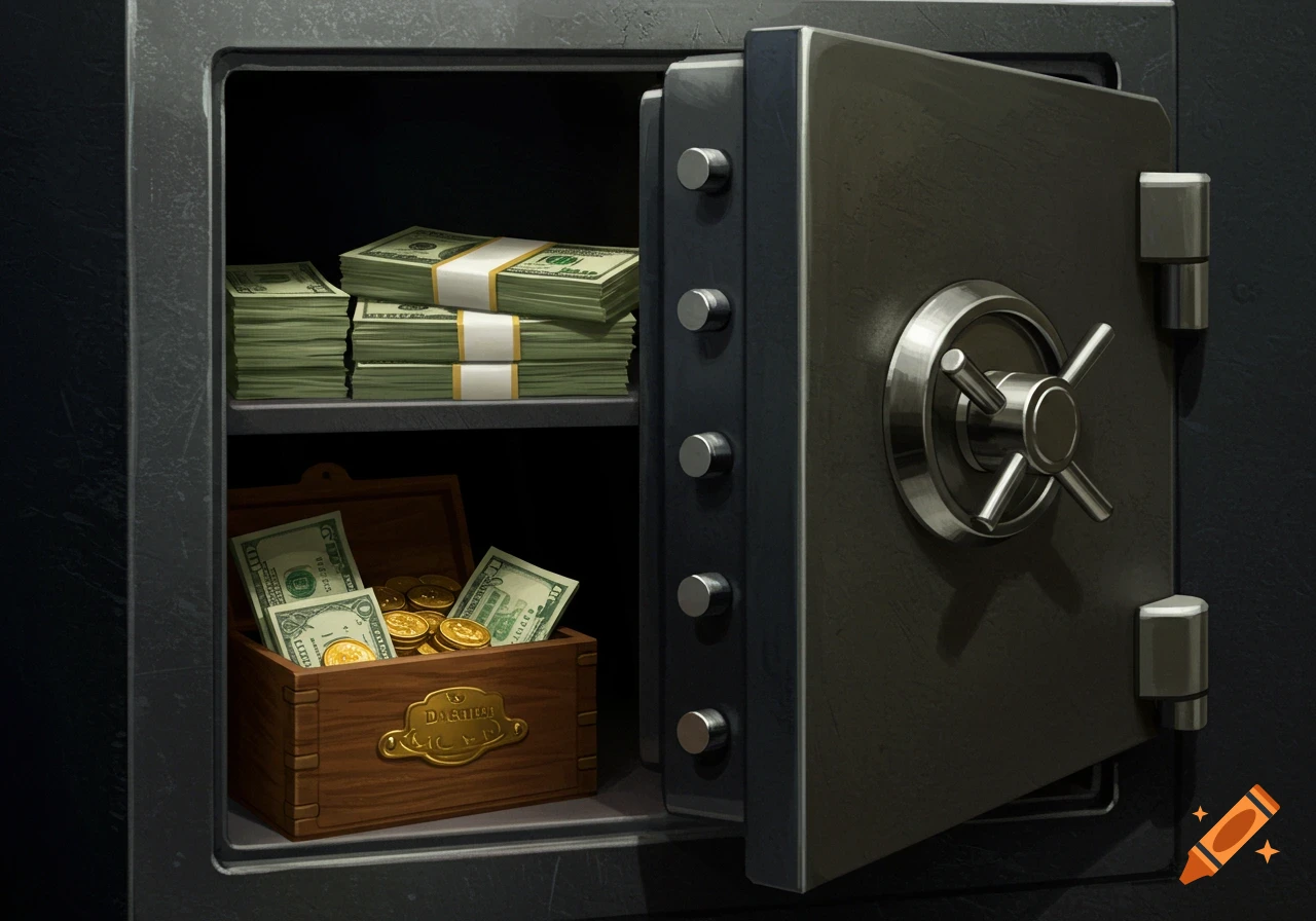 An open dark metal safe with stacks of cash on the top shelf and a wooden cash box filled with bills and gold coins on the bottom shelf.