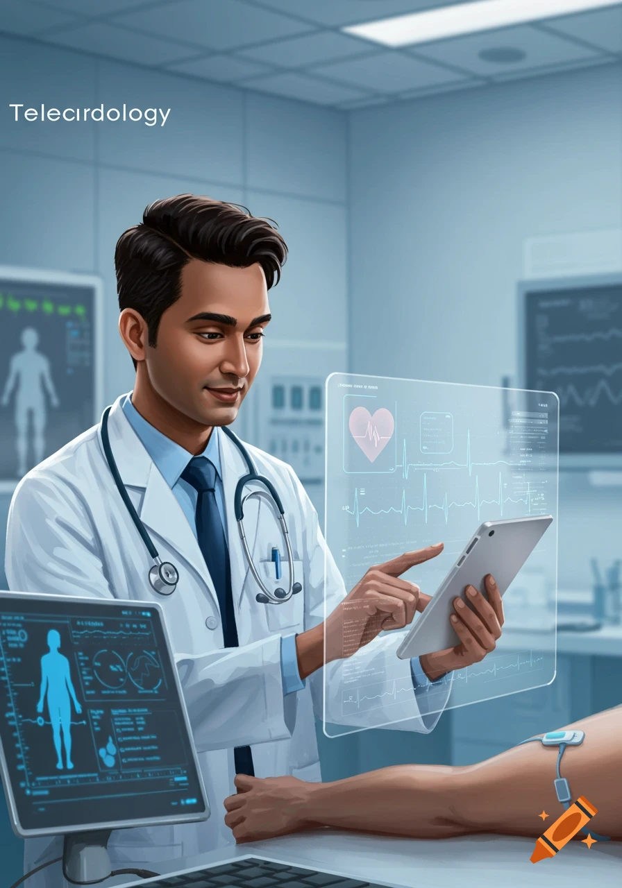 A digital illustration of a doctor in a lab coat using a transparent medical screen and tablet in a futuristic hospital setting.