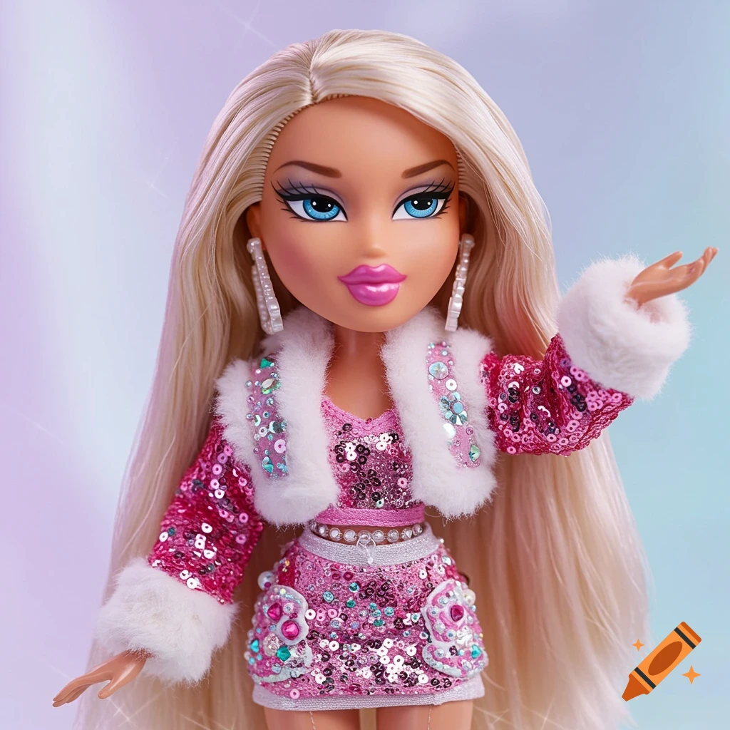 Photorealistic Bratz doll with long platinum blonde hair, blue eyes, and pink lipstick, wearing a sparkly pink and white outfit.
