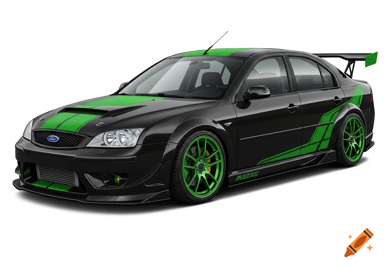 A sleek black Ford Mondeo car with vibrant green racing stripes on the hood and roof, green rims, and a rear spoiler, isolated on a white background.