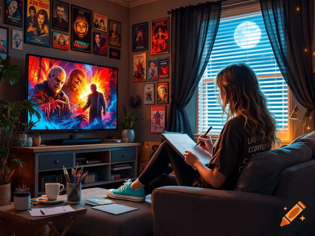 A woman draws on a sketchpad while relaxing on a sofa, watching a horror movie on a large TV in a cozy, poster-filled room at night.