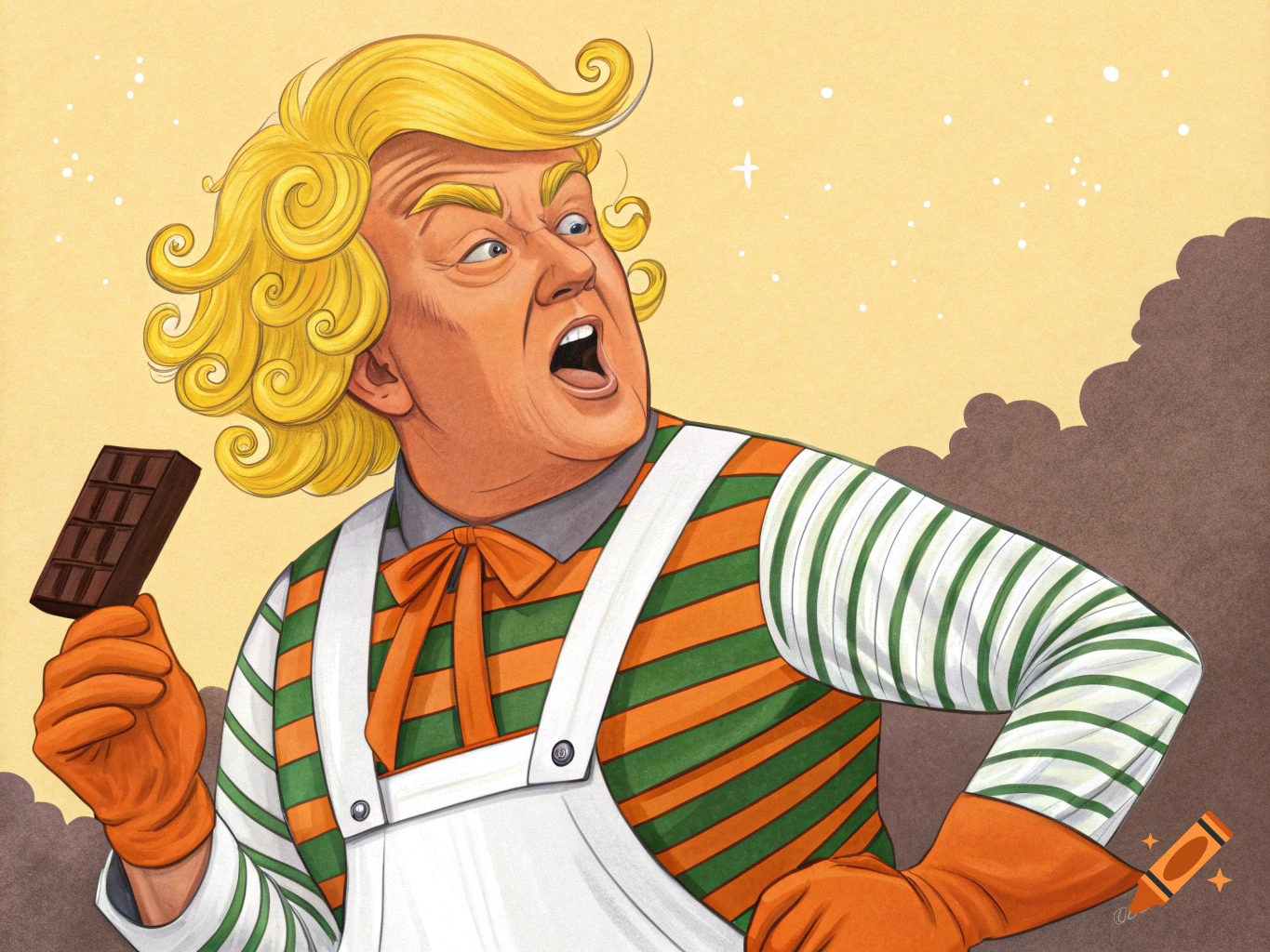 Cartoon illustration of Donald Trump dressed as an Oompa Loompa, holding a chocolate bar with a surprised expression.