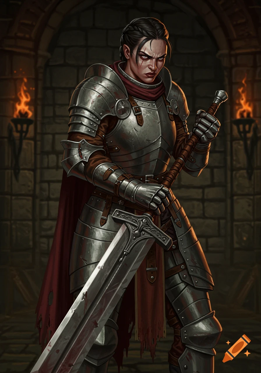 A grim woman in heavy silver armor and a red cape holds a blood-splattered greatsword in a torchlit dungeon.