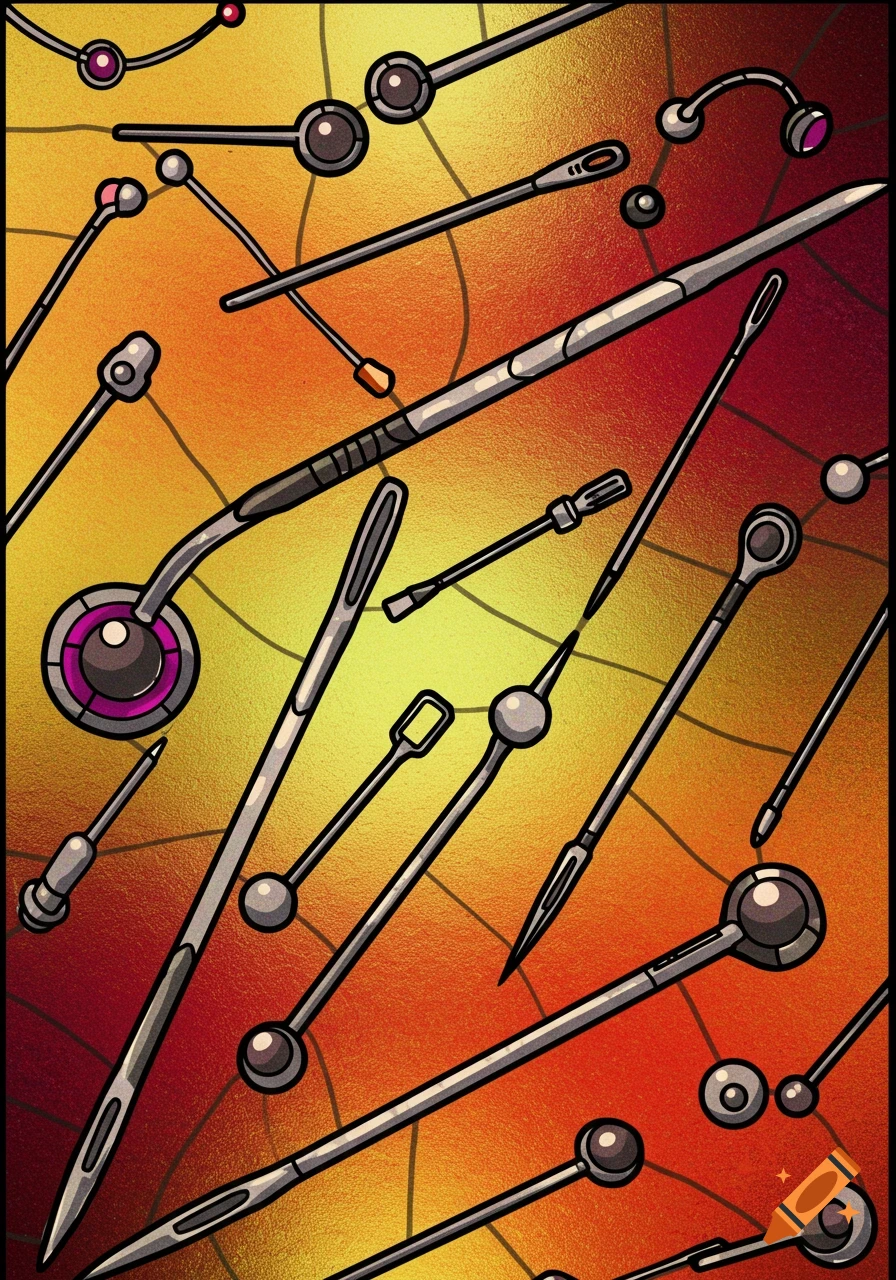 Stylized body piercing needles in a vibrant red and yellow stained glass window pattern.