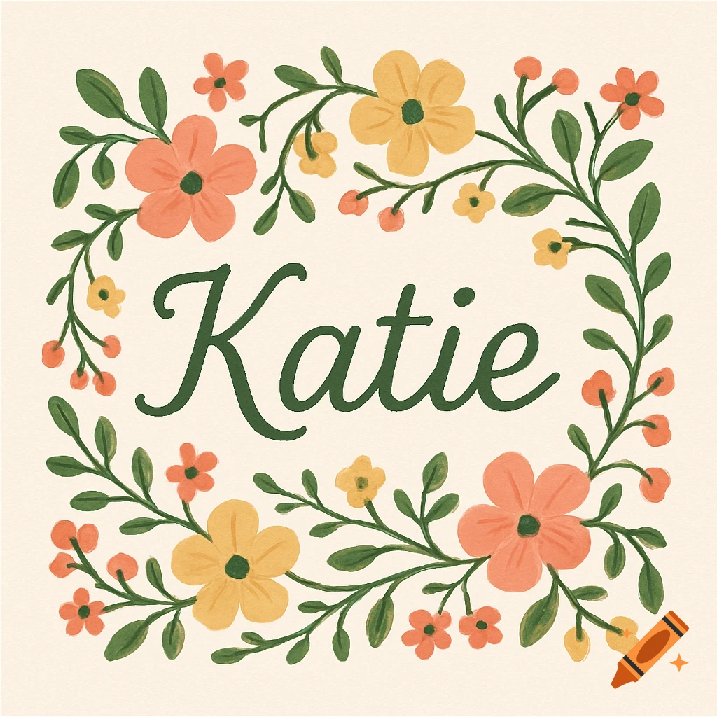 The name Katie in green script surrounded by orange and yellow flowers and green vines on a cream background, illustrated style.