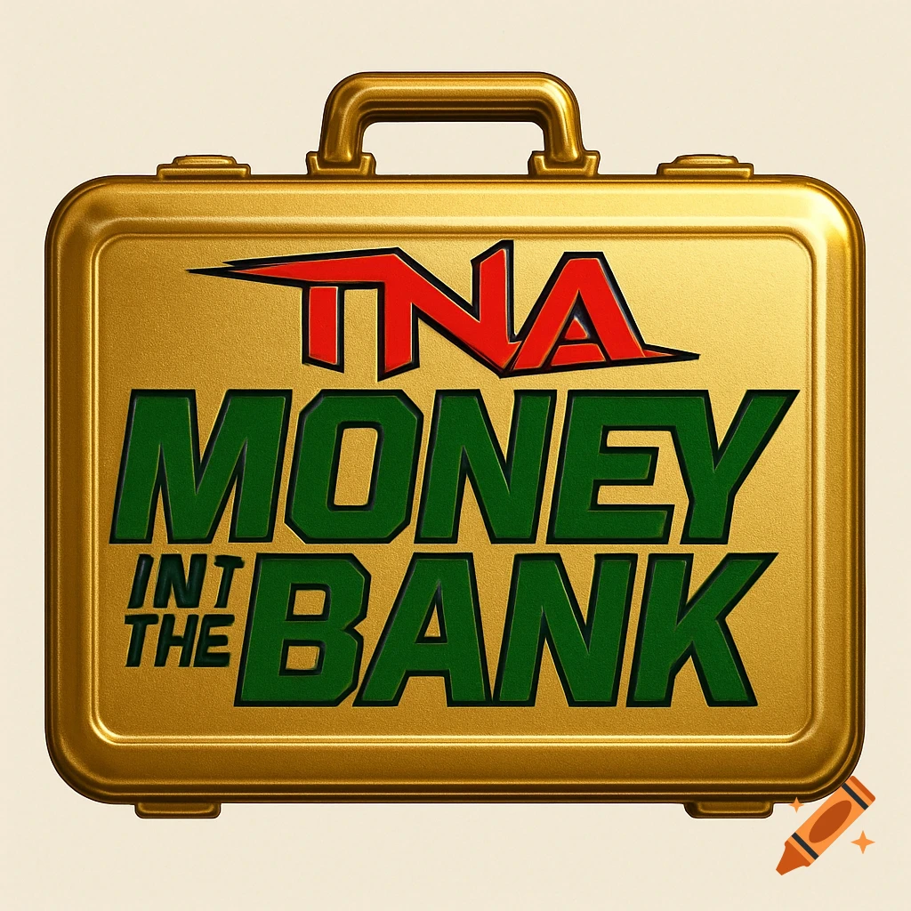 A gold briefcase with the red and green text 'TNA MONEY IN THE BANK' prominently displayed on its front.