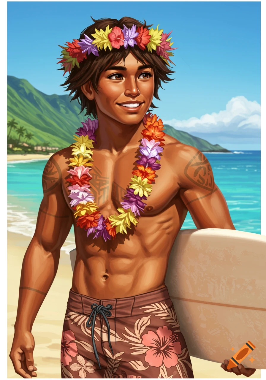 A smiling young Hawaiian man with a flower lei and crown stands on a tropical beach holding a surfboard, stylized illustration.