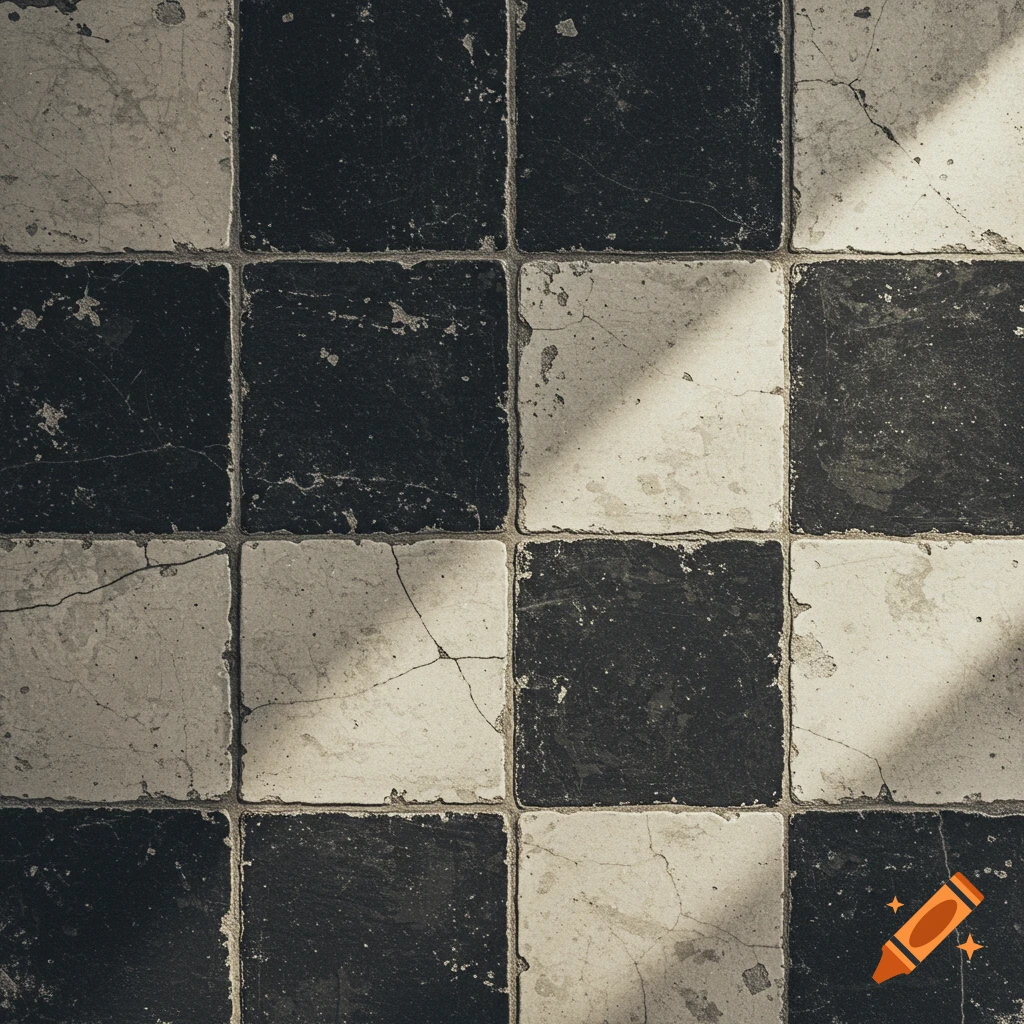 Close-up overhead view of weathered black and white checkerboard tiles, with sunlight casting diagonal shadows.