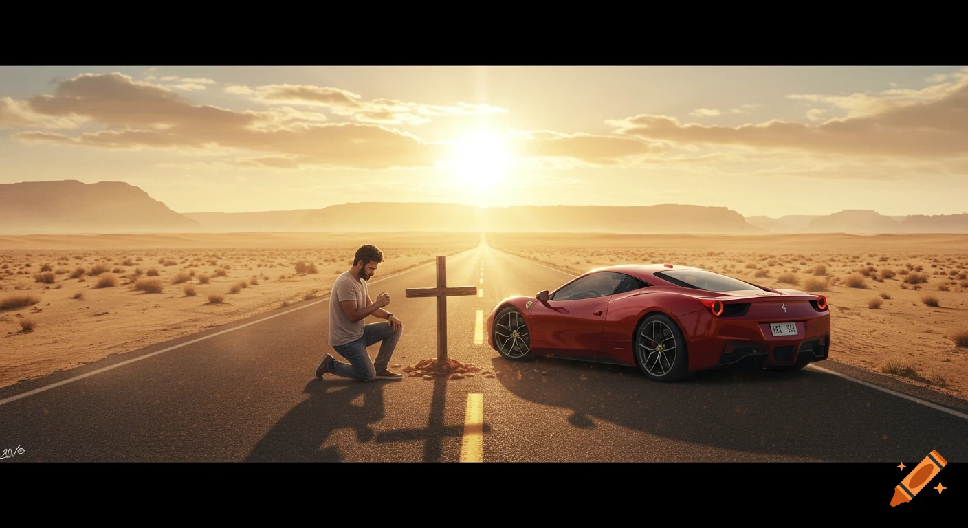 A man kneels and prays next to a wooden cross on a desert road, with a red Ferrari parked nearby, at sunset.