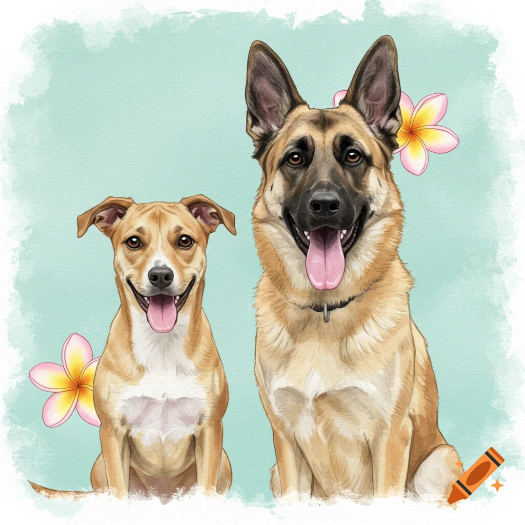 Watercolor portrait of a tan mixed-breed dog and a German Shepherd mix sitting, with plumeria flowers on a light teal background.