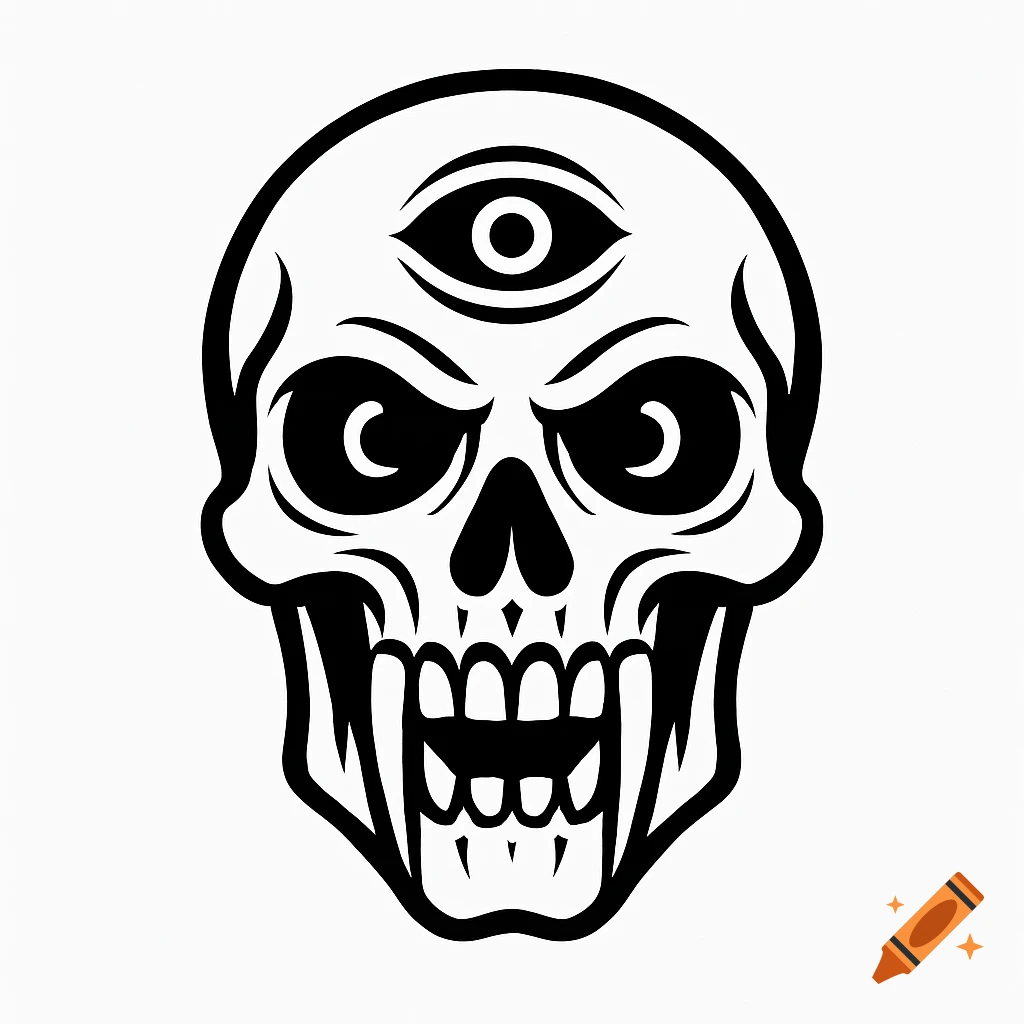 Black and white logo of a skull with fangs and a third eye on its forehead.