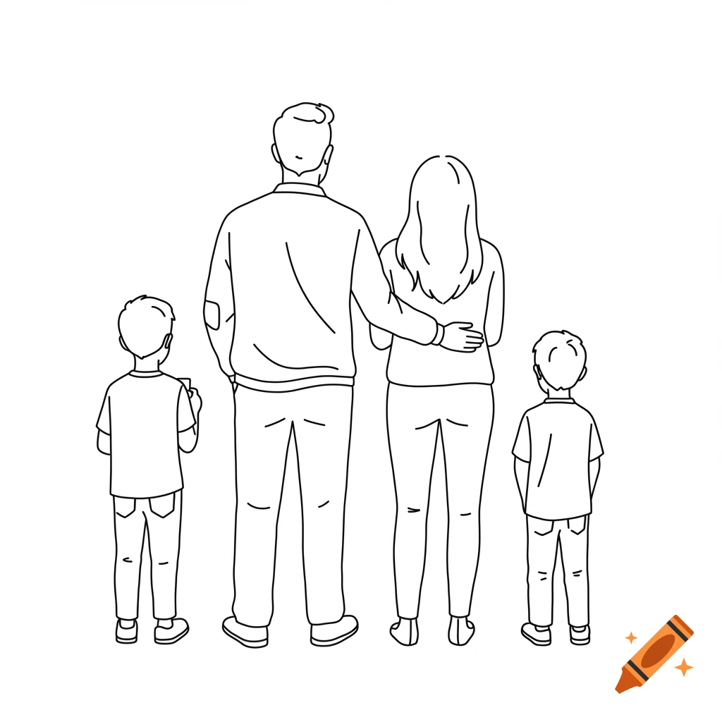 Line drawing of a family of four, including a dad, mom, and two sons, viewed from behind.