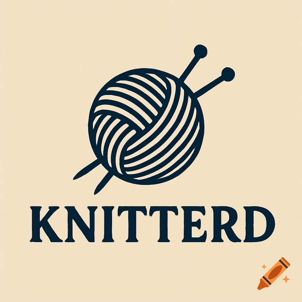 A dark blue yarn ball with knitting needles, above the word 'KNITTERD' on a light beige background.
