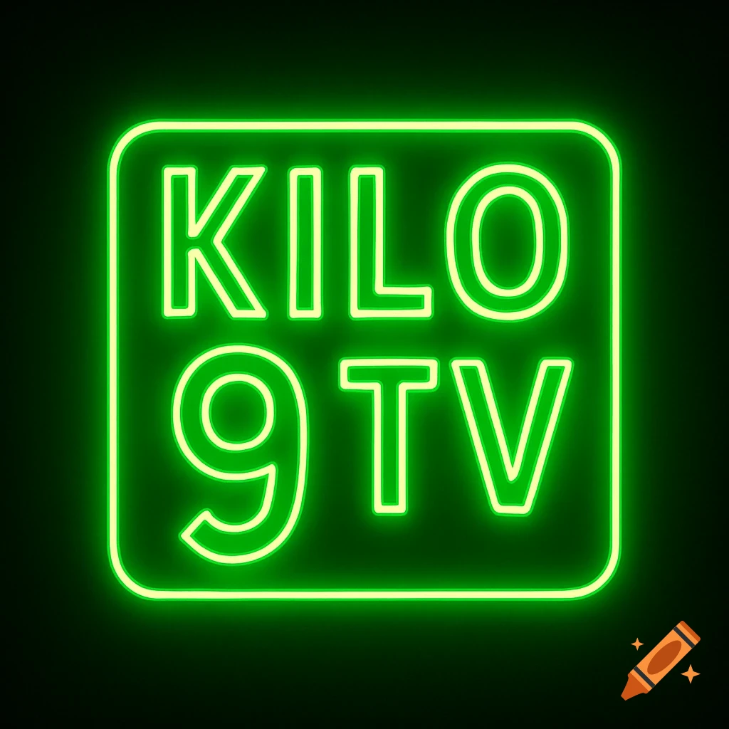 A glowing green neon sign with rounded corners displays the text 'KILO 9 TV'.