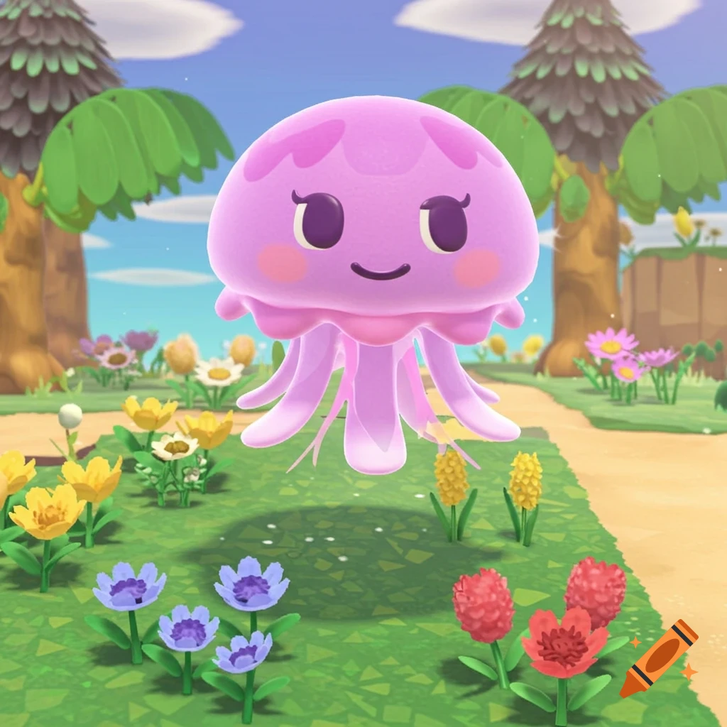 A cute purple jellyfish character floats above a grassy path with colorful flowers and trees in the Animal Crossing style.