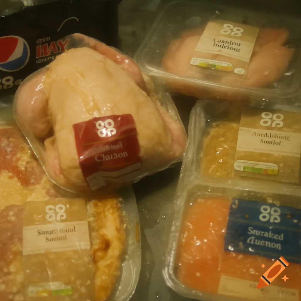 Close-up, blurry overhead shot of raw chicken, fish, and other packaged groceries spilled with liquid, alongside a Pepsi bottle.