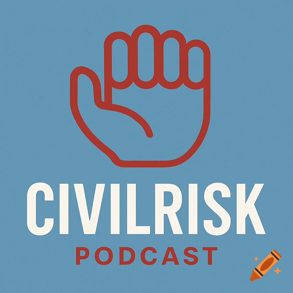 A graphic logo with a red stylized hand outline on a light blue background, featuring "CIVILRISK" in white and "PODCAST" in red text.