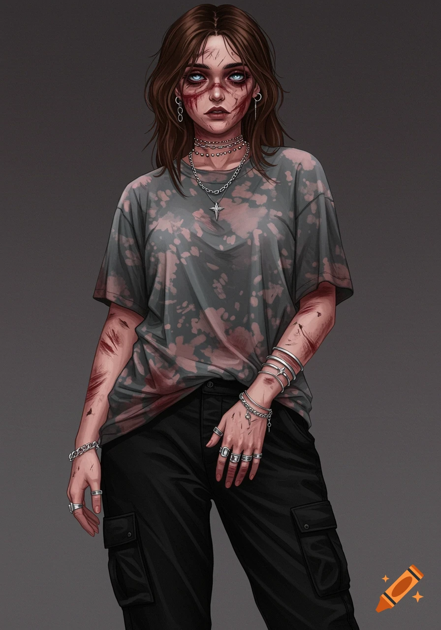 A dark digital art portrait of a young woman with brown hair, blue eyes, pale skin, and visible scratches and bruises on her face and arms. She wears a gray tie-dye t-shirt, black cargo pants, and silver jewelry.