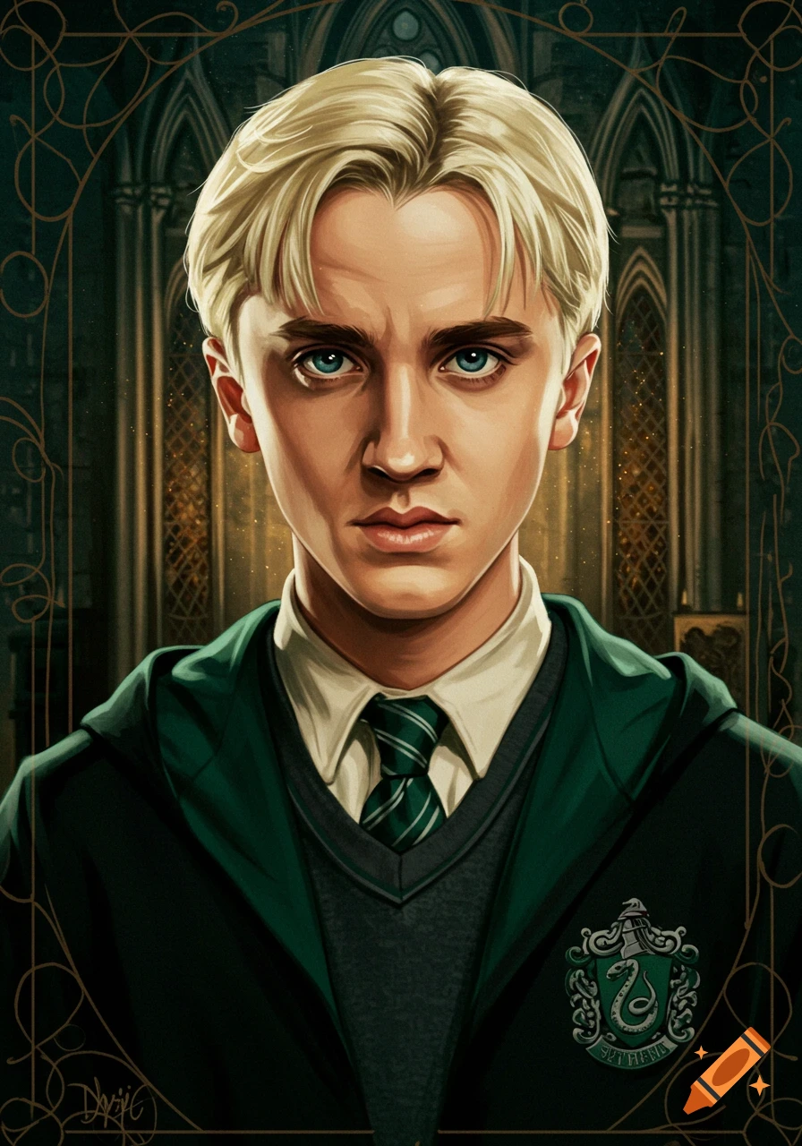 Painted portrait of Draco Malfoy in a Slytherin uniform against a dark castle background.