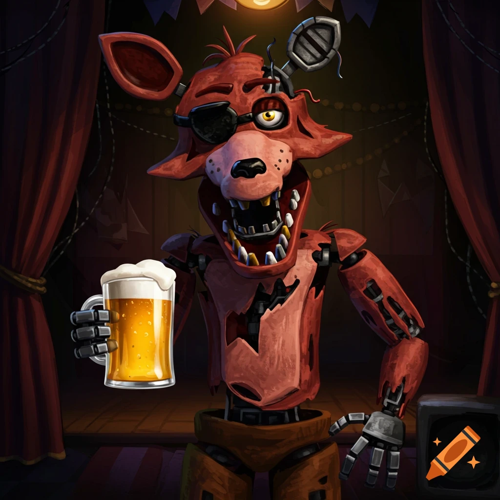 An illustrative image of Withered Foxy, a reddish-brown animatronic fox with an eyepatch and torn suit, holding a frothy beer in a dimly lit stage.