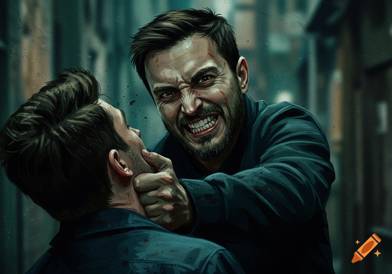 An intense illustration of an angry man with blood spatters grabbing another man by the neck.