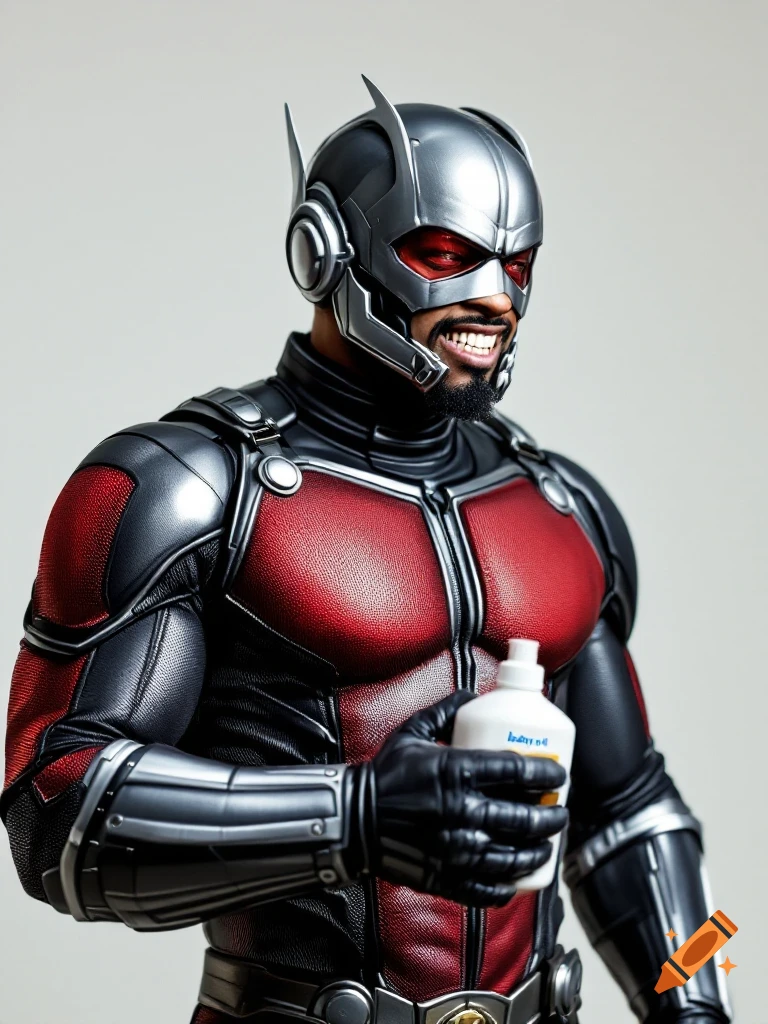 A man dressed as Marvel's Ant-Man with a beard and helmet, holding a white bottle and grinning.