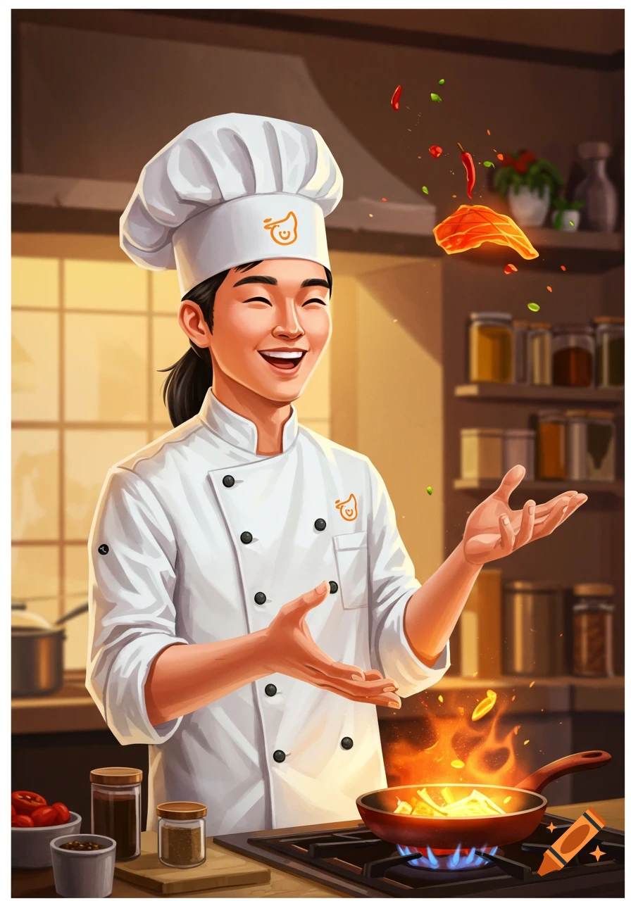 A smiling Asian chef in a white uniform and hat happily cooks over a stove, with food and chili peppers suspended in the air above a fiery pan.