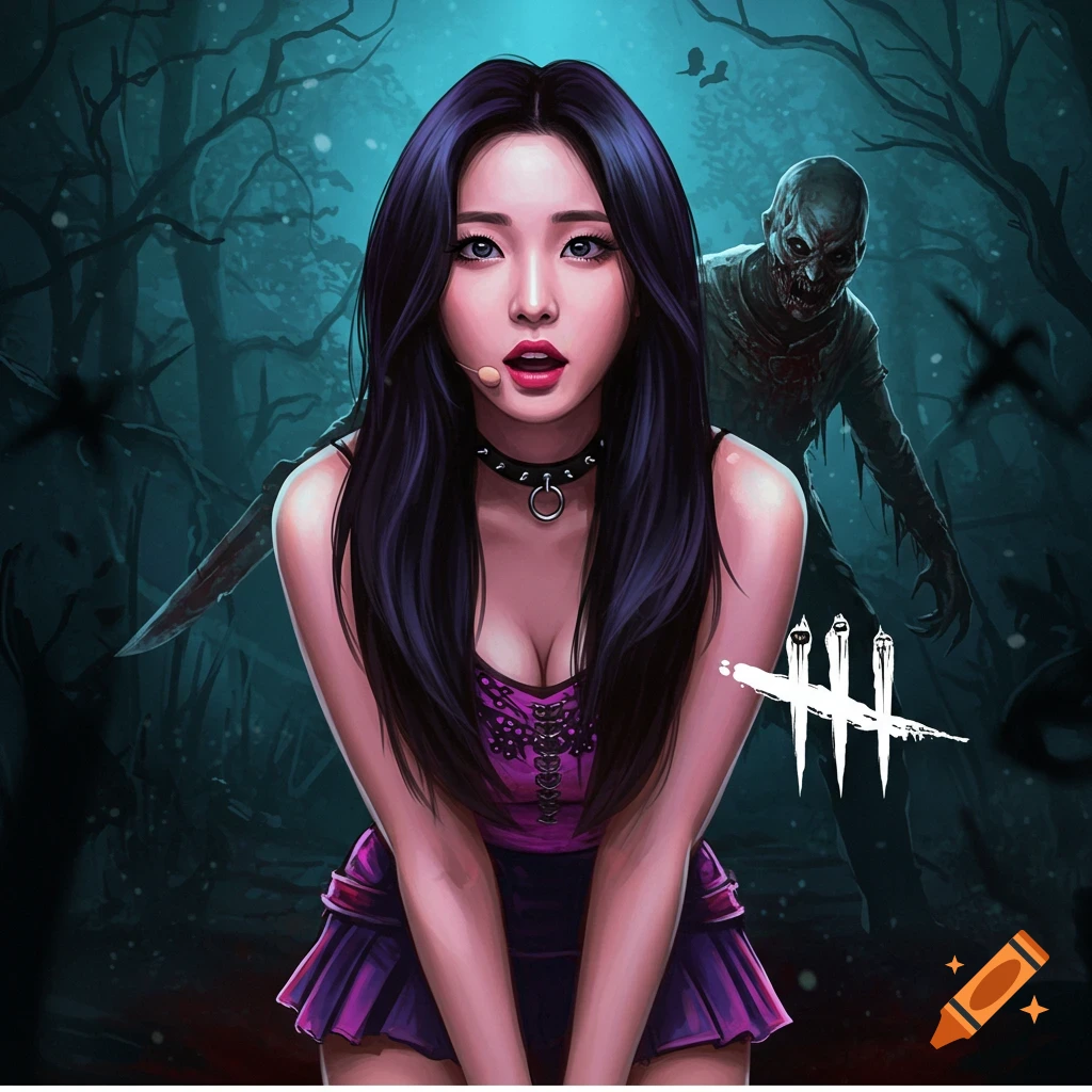 Illustration of a woman in purple with a choker, a zombie behind her in a dark forest, with the Dead by Daylight logo.