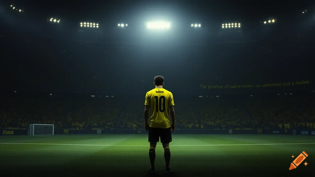 A lone soccer player in a yellow jersey with number 10 stands on a dark pitch in a brightly lit stadium.