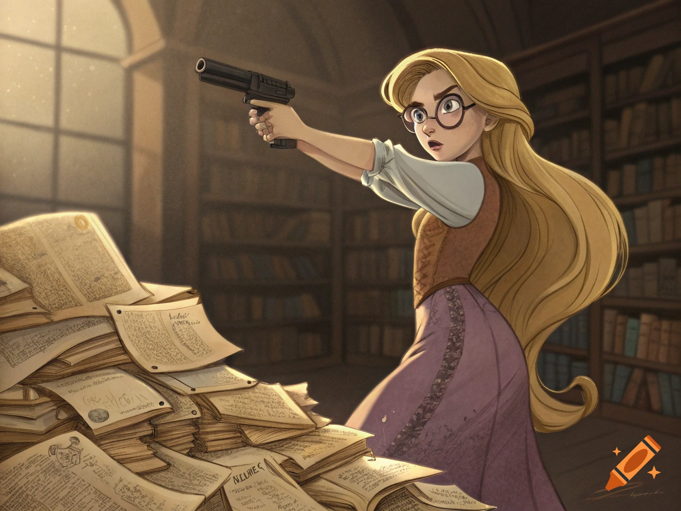Cartoon illustration of a blonde woman in glasses holding a handgun, standing by a pile of antique papers in a library.