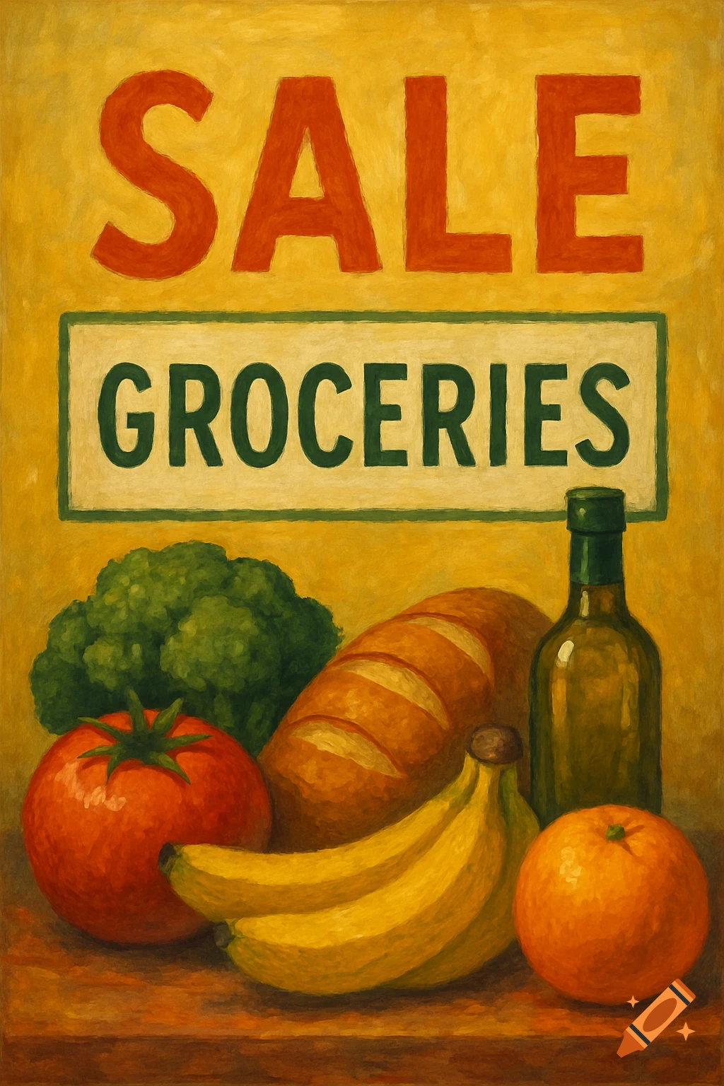 A painting of a yellow 'SALE GROCERIES' sign above a still life of a tomato, broccoli, bread, bananas, bottle, and orange.