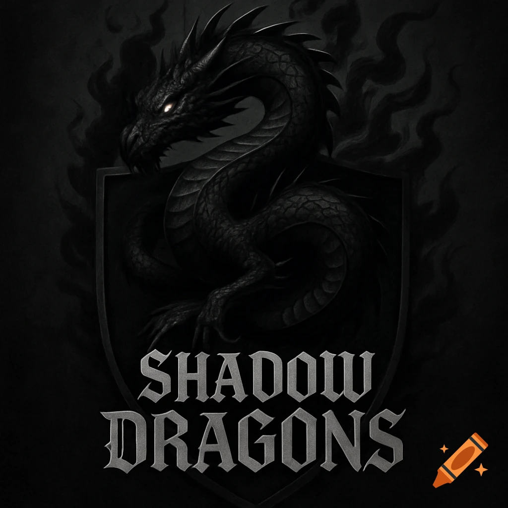 A fierce black dragon with glowing eyes coiled over a dark shield, with shadowy flames and bold gothic text reading 'SHADOW DRAGONS'.