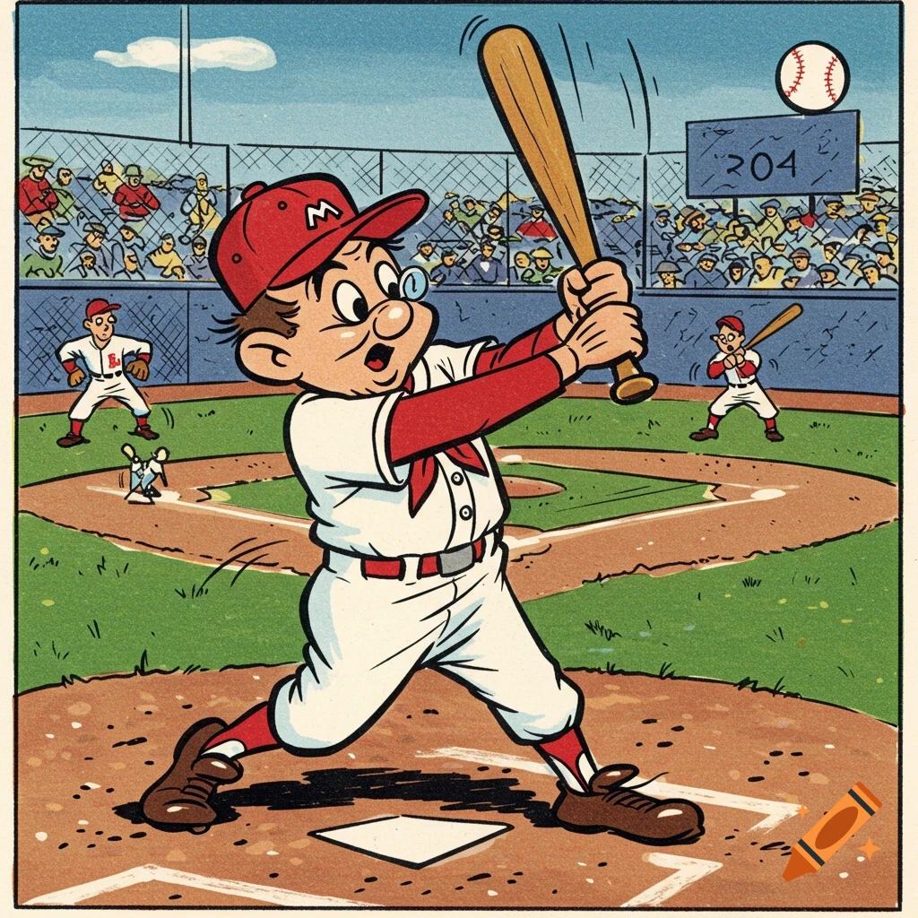 A vintage cartoon illustration of Mister Magoo batting during a baseball game in a stadium.