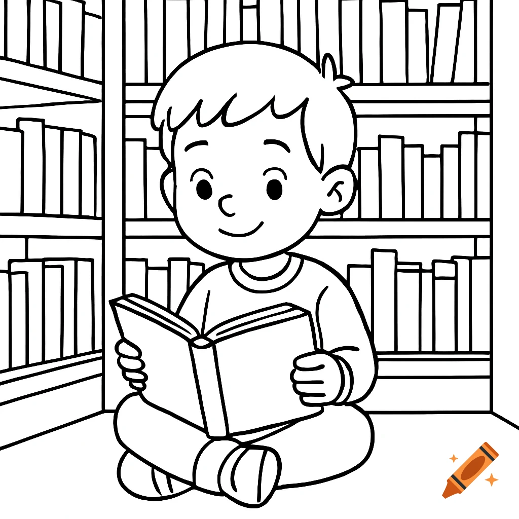 A young boy sits cross-legged on the floor of a library, reading an open book. Black line art, simple style.